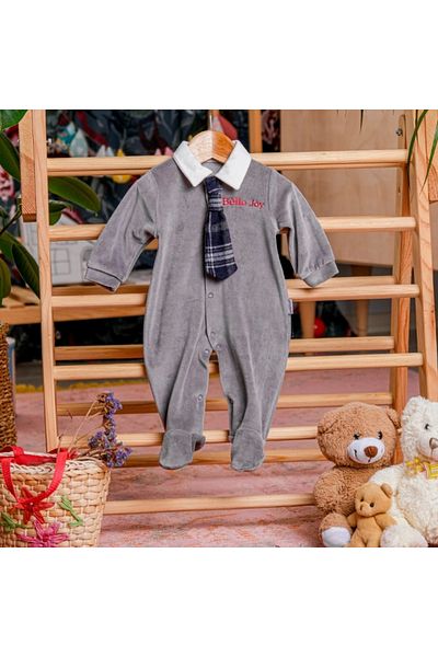 LAMATO BABY Shirt Collar Plaid Tie Velvet Baby Boy Jumpsuit