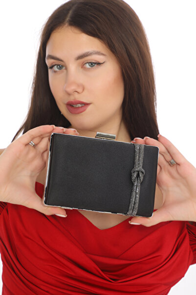 womenacs Дамска чанта от сатенена вечерна рокля в черен цвят с аксесоари с камъни и дълга презрамка