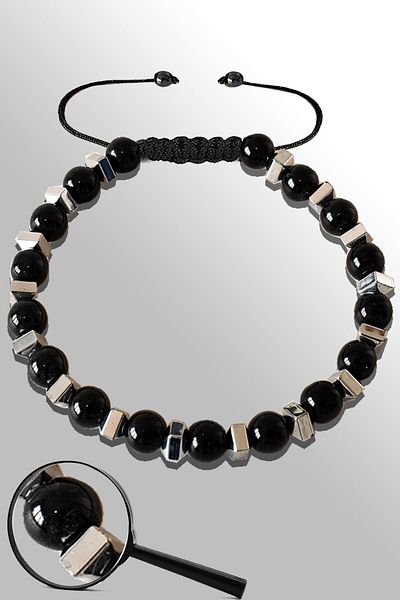 Tesbih Atölyesi Black Obsidian Stone Bracelet with Certified Silver Falez - Adjustable