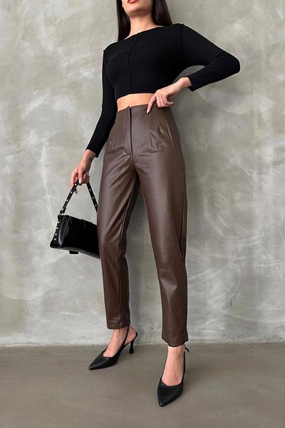 uniq store Ribbed Skinny Leg Pocketless Faux Leather Zippered Lycra Free Trousers 5151