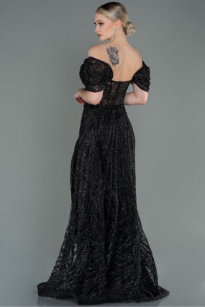 Abiyefon Black Boat Neck Slit Long Glitter Evening Dress Abu2706