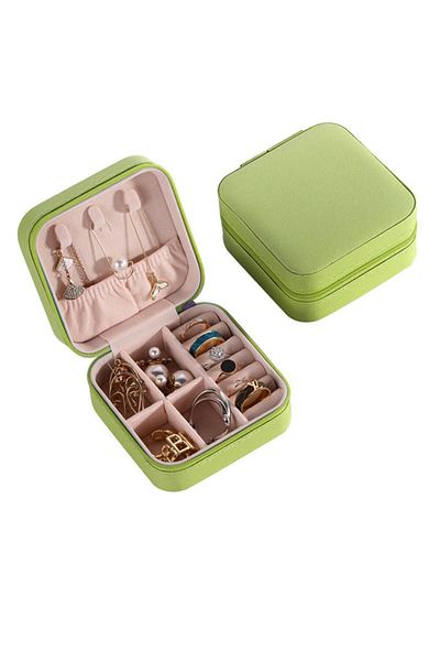 Chavin Green Leather Travel Ring Earrings Necklace Jewelry Box