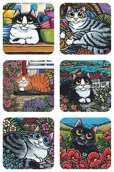 Hayat Poster colorful flowers cats kitchen decor set of 6 wooden coasters