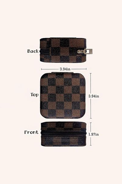 Chavin Brown Checkerboard Pattern Leather Travel Ring Earrings Necklace Jewelry Box st1-66khv