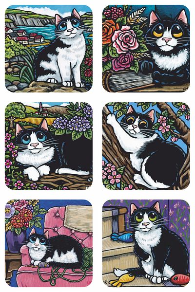 Hayat Poster flowers trees colorful cute cat kitchen decor 6-piece wooden coaster set