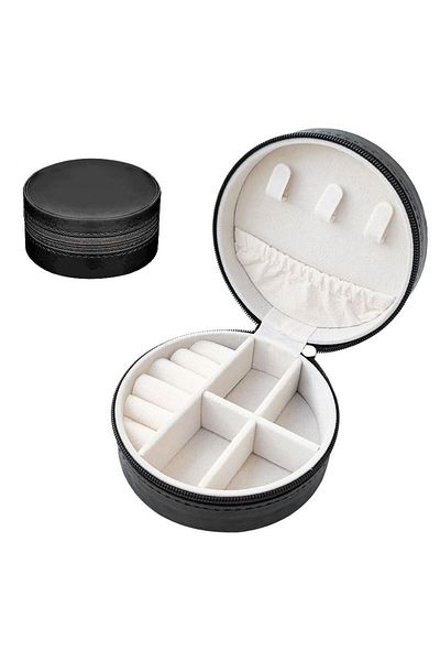 Chavin Black Leather Travel Ring Earrings Necklace Jewelry Box st1-68sy