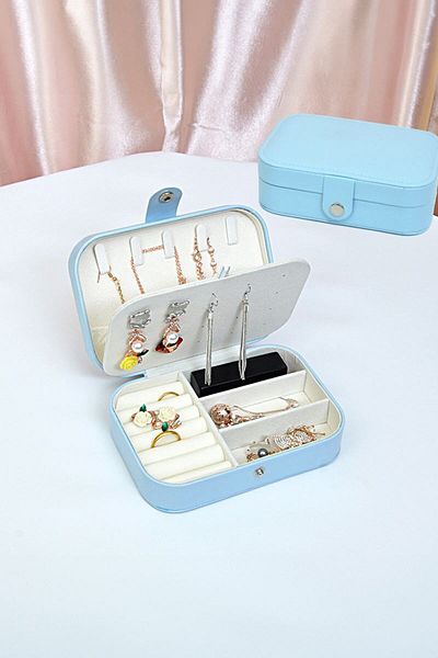 Chavin Blue Leather Travel Ring Earrings Necklace Jewelry Box st1-65mv