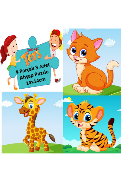 Trendy Toys Ahşap Puzzle Ilk Yapbozum 3 Adet 4 Parçalı 14x14cm