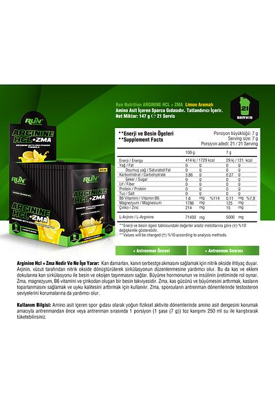 Run Nutrition Arginine HCL+ZMA - 21 Pieces - Lemon Flavored - 147g - Disposable Packages