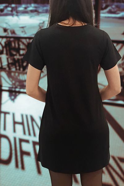 Kurun's Collection Rochie tricou din bumbac lycra negru cu mânecă scurtă, cu imprimeu normal