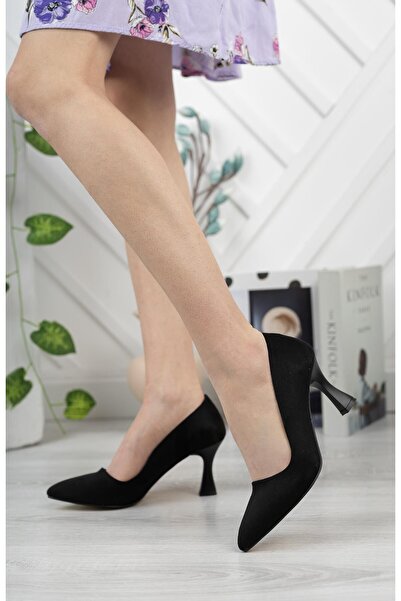 MERVE BAŞ Дамски черни велурени обувки на стъклен ток с остър връх, 9 см