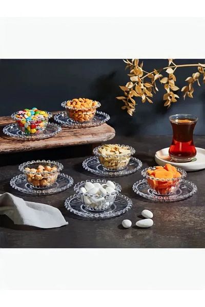 QesQin 6-Piece 12-Piece Mica Bead Snack Bowl, Sugar Bowl, Jam Bowl, Mica Bowl Mat for Breakfast