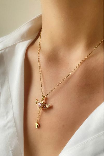 The Collection Moving Winged Heart Necklace Tarnish Stainless Gold Steel Women's Necklace