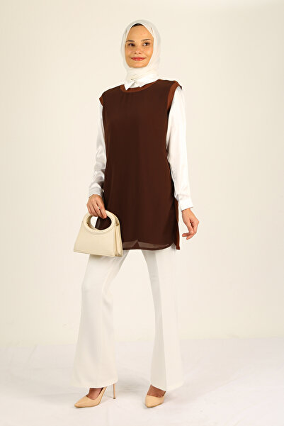 DODEAR TEKSTİL TRİKO DETAYLI ÖNÜ ŞİFON YIRTMAÇLI ACI KAHVE TUNİK/SÜVETER