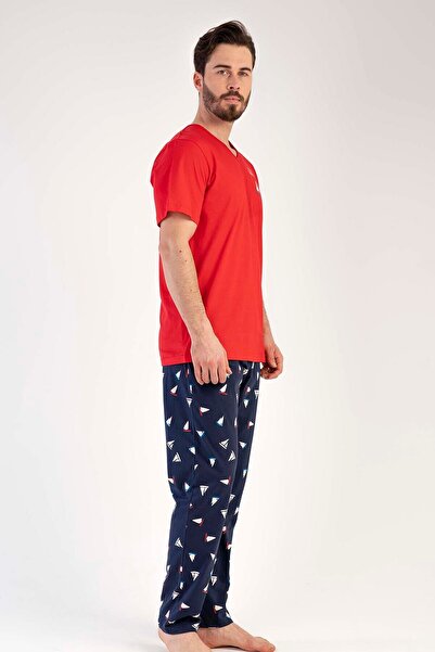 VİENETTA Cotton Men's V-Neck Short Sleeve Pajamas Set
,212436