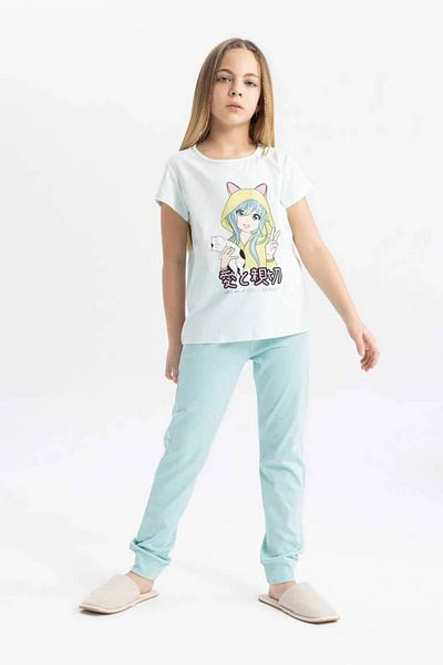 DeFacto C1950A8/TR143 Defacto Girl's Sweat Suit AQUA