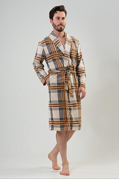 VİENETTA Men's Fleece Sal Collar Long Sleeve Long Dressing Gown 
 , 201032