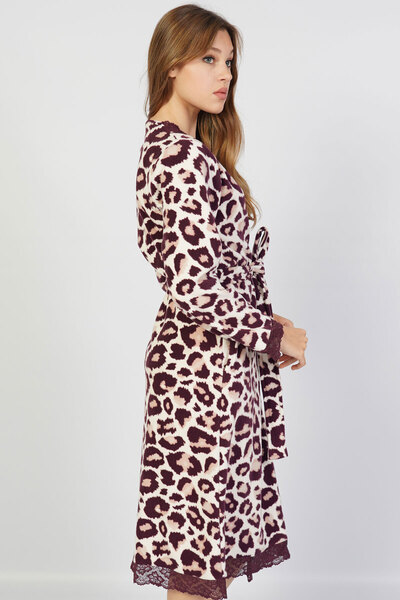 VİENETTA Women's Brown Fleece Long Sleeve Lace Dressing Gown