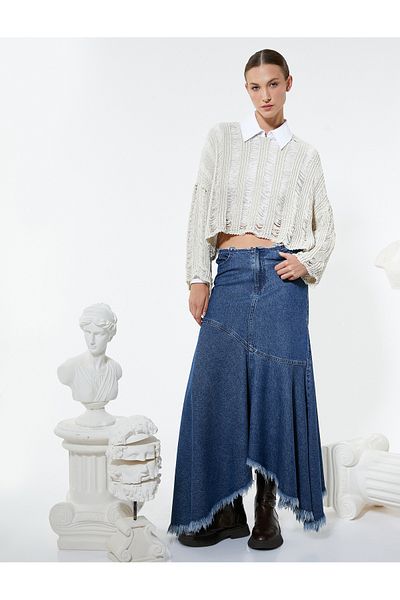 Koton Fustă midi Denim croială asimetrică Talie joasă tiv Bumbac cu ciucuri