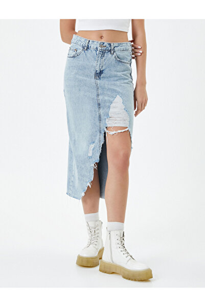 Koton Midi Denim Skirt Ripped Slit Detailed Standard Waist Pocket Cotton