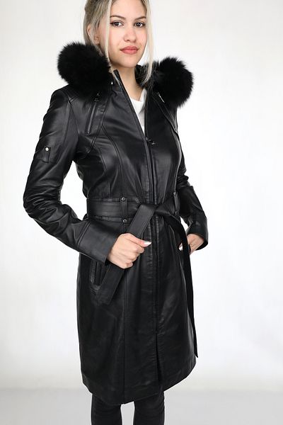 EGE DERİ 100% Genuine Lambskin Furry Hooded Women's Black Top Coat