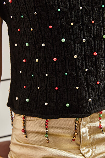 Bianco Lucci Women's Hair Braided Stone Embroidered Knitwear Blouse