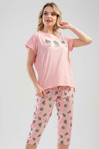 VİENETTA Off Shoulder Double Short Sleeve Slit Capri Pajamas Set 
 , 110174