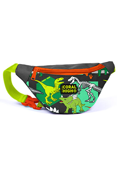 Coral High Gray Green Dinosaur Patterned Children's Waist Bag - 12630