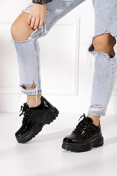İmerShoes Pantofi sport casual pentru femei din piele lăcuită neagră - pantofi cu șireturi, groși și ușori, cu talpă înaltă 001