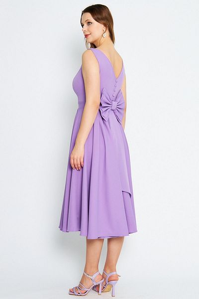 Bidoluelbise Women's Back Bow Ornamental Buttoned V-Neck Pleated Midi Flared Lilac Evening Dress