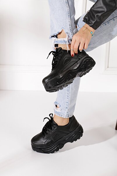 İmerShoes Günlük Kadın Siyah Spor Ayakkabı Bağcıklı Kalın Hafif Yüksek Taban Sneaker 001