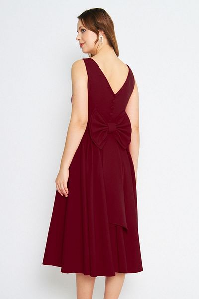 Bidoluelbise Women's Back Bow Ornamental Buttoned V-Neck Pleated Midi Flared Burgundy Evening Dress
