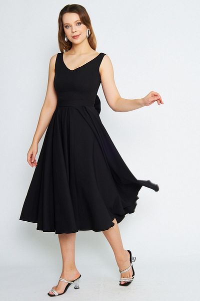 Bidoluelbise Women's Back Bow Ornamental Buttoned V-Neck Pleated Midi Flared Black Evening Dress