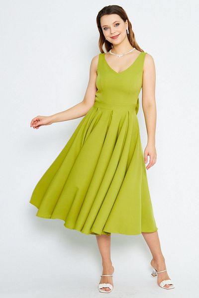 Bidoluelbise Women's Back Bow Ornamental Buttoned V-Neck Pleated Midi Flared Pistachio Green Evening Dress