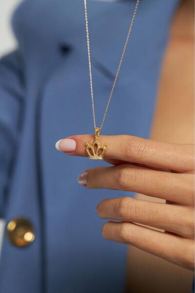 Roza Silver Zirkon Taşlı Gold Taç Model Gümüş Kolye