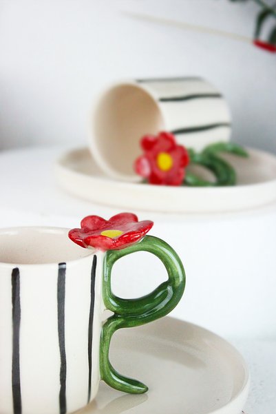 Generic Brand Set of 2 Handmade Ceramic Coffee Cups with Flower Figures 80ml