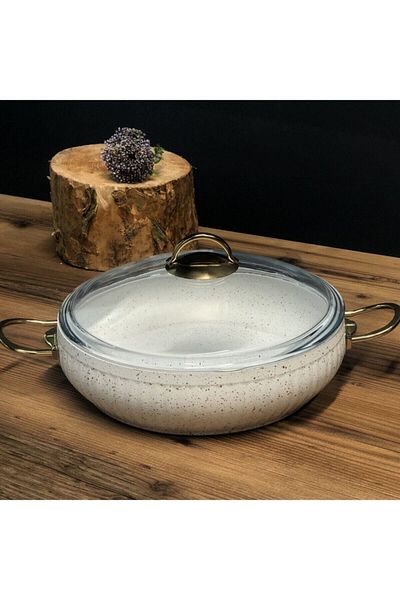 Lines Granite Casserole 30 Cm 6 Liters Flat Rice Casserole Pot Non-Stick White-gold