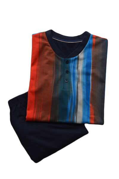 Nur Aka by Nurteks Men's Red Multi-Colored Buttoned Collar Large Size Pajama Set