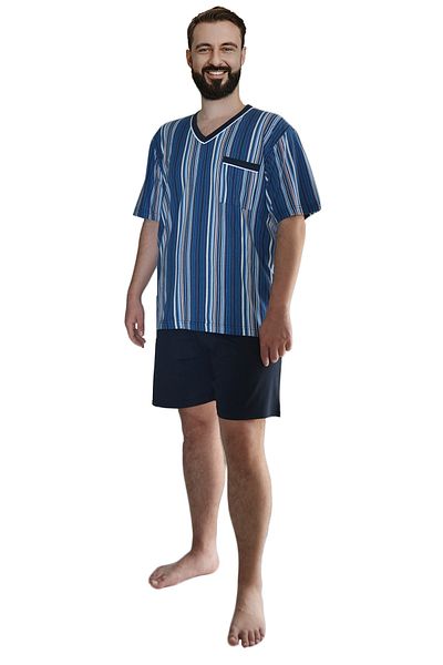 Nur Aka by Nurteks Men's Blue and White Striped Large Size Pajama Set with Pocket Detail