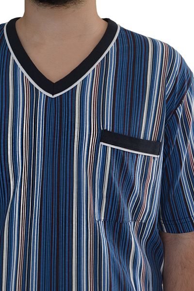 Nur Aka by Nurteks Men's Blue and White Striped Large Size Pajama Set with Pocket Detail