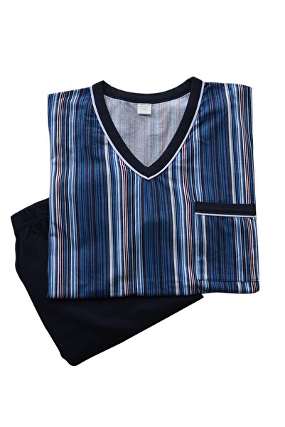 Nur Aka by Nurteks Men's Blue and White Striped Large Size Pajama Set with Pocket Detail