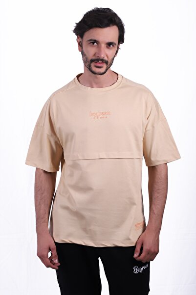 Be Green Erkek Krem Turuncu Baskı Street Style Oversize Baskı T-Shirt