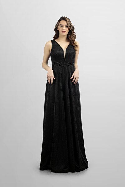 fevzuss Siyah Yansımalı Taş Detaylı Uzun Abiye