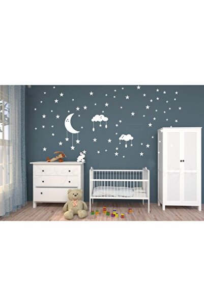 Bulut, Yıldız, Ay Ve Özel Isimli Duvar Sticker, Çocuk Odası Etiket , Bebek Odası Sticker Beyaz Renk