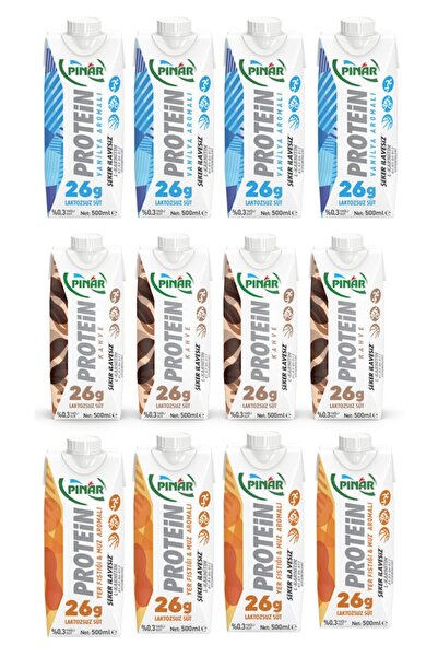 Pınar Protein Süt Karışık Set Vanilya, Kahveli, Muz 500 ml X 12 Adet