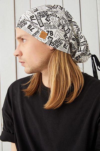 Butikgiz Men's White Black Patterned Rope Detailed 4 Season Hat Beanie Buff Ultra Soft Natural Combed Cotton