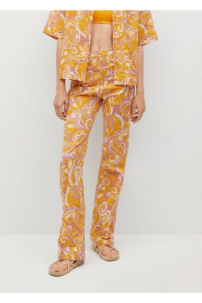 MANGO Woman Women's Yellow Patterned Cotton Trousers