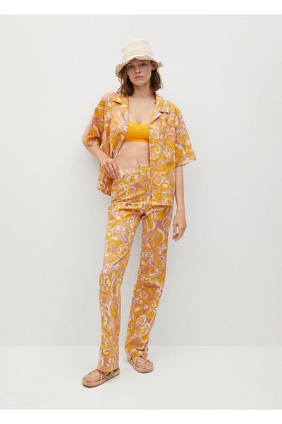 MANGO Woman Women's Yellow Patterned Cotton Trousers