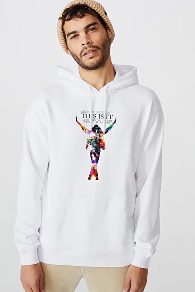 QIVI Біла чоловіча трикотажна кофта з капюшоном і довгими рукавами з принтом Майкла Джексона