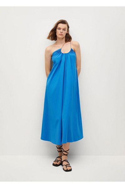 MANGO Woman Γυναικείο μακρύ φόρεμα με μπλε γιακά